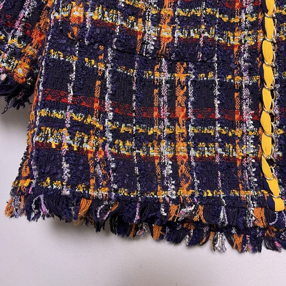 Chico's multicolor plaid tweed open-front jacket yellow braided trim Sz L - Picture 6 of 15